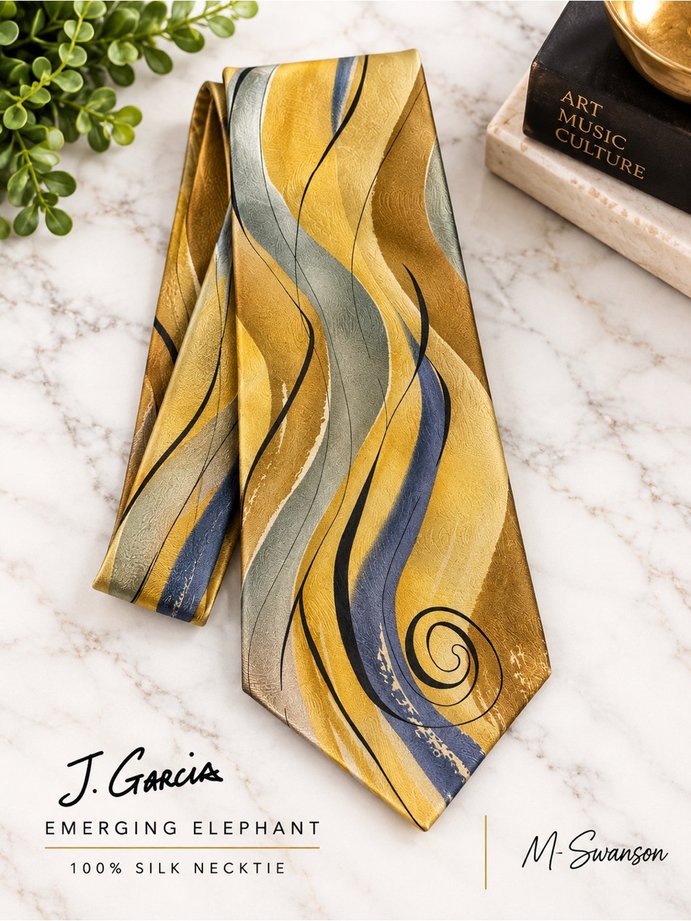 J. Garcia Jerry Garcia Emerging Elephant 100% Silk Tie Gold Blue Abstract 58”